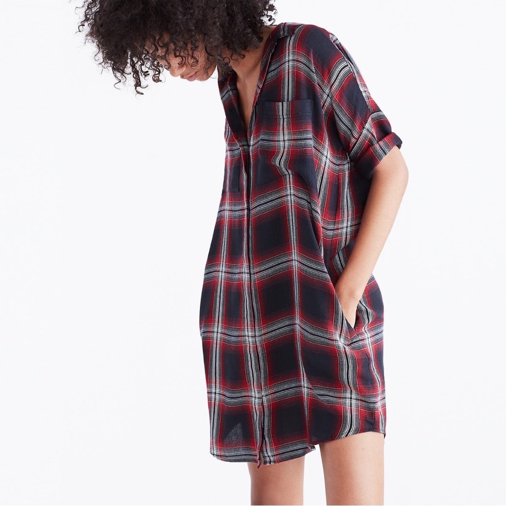 Madewell Courier Red Collins Plaid Shirtdress